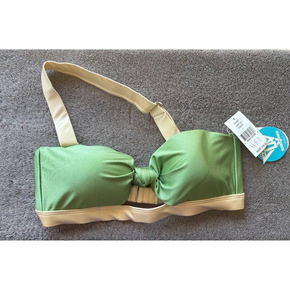 NEW‎ WET Swimwear Jade Top Sz L Green Cream One Shoulder Asymmetric Bikini Top - Picture 2 of 4